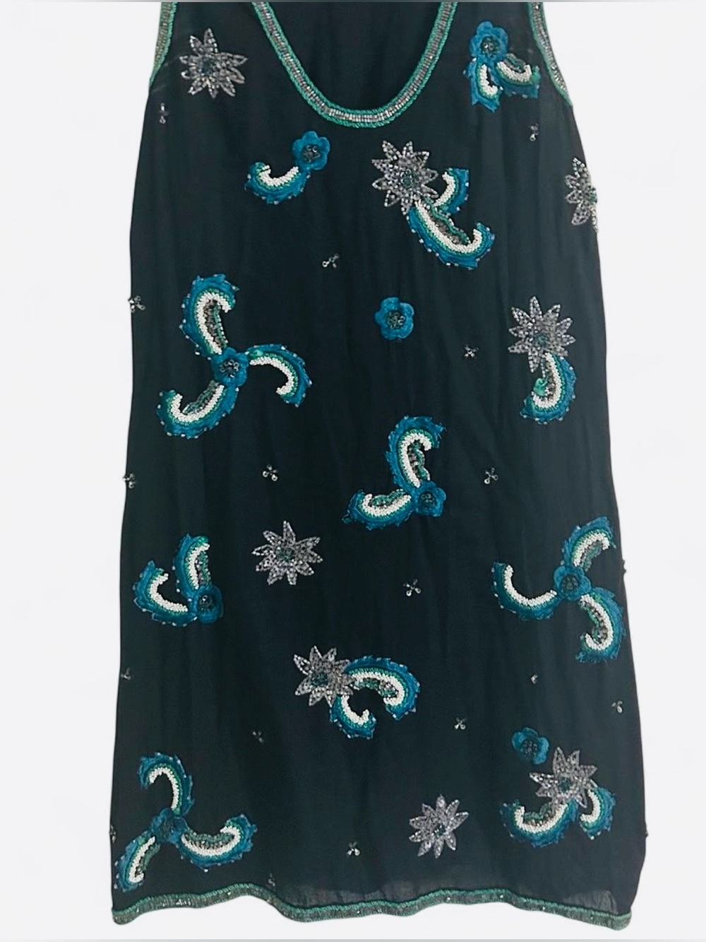 French Connection Black Dress with Turquoise and Silver Embellishments